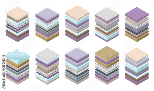Layered orthopedic mattress icon set. Isometric bed section layers. Fabric breathable material, structure for correct sleeping position. Soft filler, comfort synthetic fiber. 3D advertising models