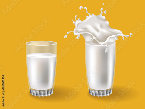 Realistic milk splash in a glass vector illustration. Milk poured into glass on a yellow background