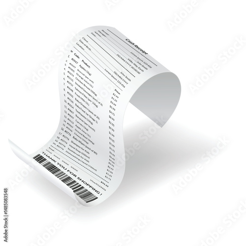 Payment check or receipts with shadow. Curved financial paper, purchase invoice. Buying, bill or calculate pay. Receipt the seller form