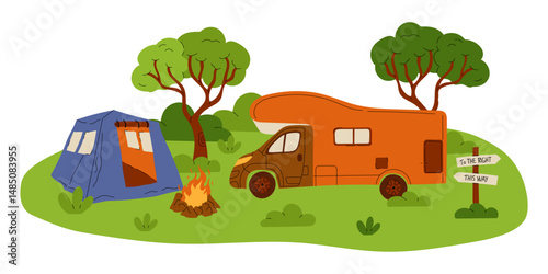 Camping composition. Landscape with trees and bushes. Camp tent and bonfire, car and van. Tourist campsite, outdoor adventure in forest. Hiking tourism summer vacation vector cartoon flat illustration