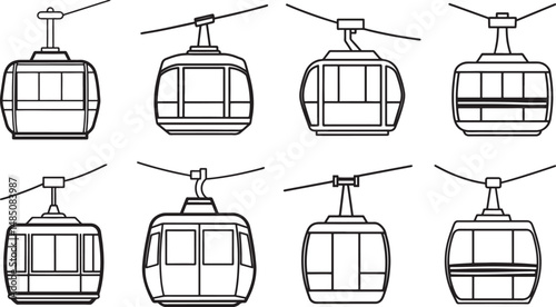 set of cable car line art, black outline, vector and illustration, coloring book page line art drawing