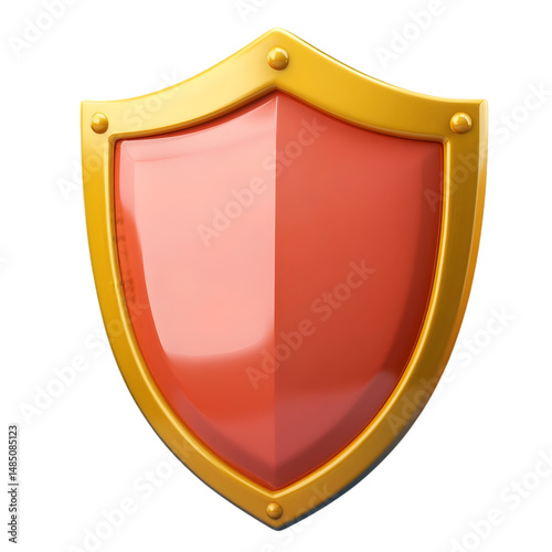 Vibrant, glossy orange shield, framed in golden metal, set against a background of varied colors.