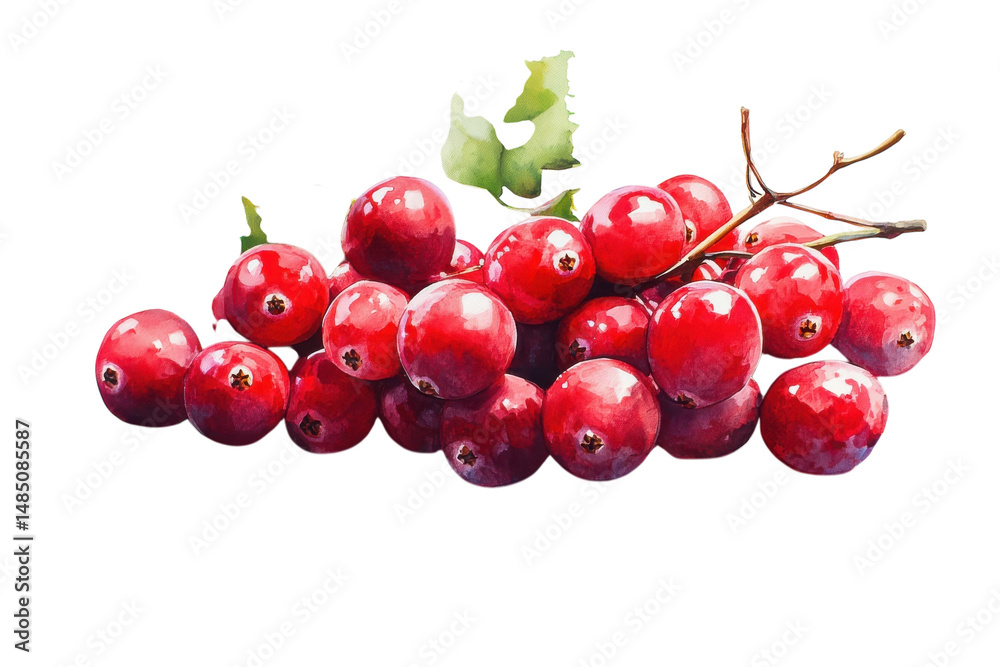 Obraz premium Fresh red cranberries cluster, glossy berries on twig. Raw cranberry fruit ingredient for holiday cooking and food design isolated on Transparent Background