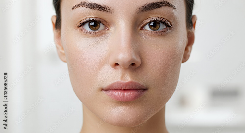Fototapeta premium Woman with Glittery Face and Eyebrows in a Minimalist Studio Setting Demonstrating Beauty and Skincare