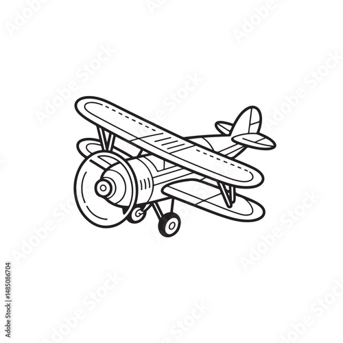 One-Line Drawing of Airplane. Outline of Vintage Airplane Flying Through Clouds.