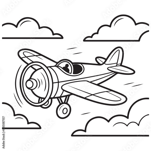 One-Line Drawing of Airplane. Outline of Vintage Airplane Flying Through Clouds.