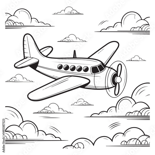 One-Line Drawing of Airplane. Outline of Vintage Airplane Flying Through Clouds.