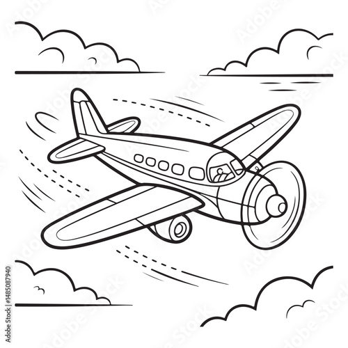 One-Line Drawing of Airplane. Outline of Vintage Airplane Flying Through Clouds.