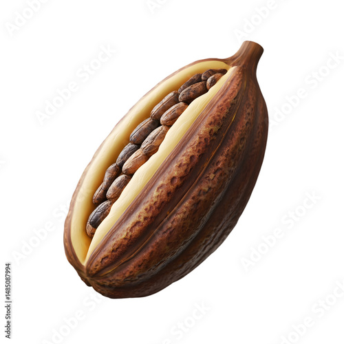 Digitally rendered, detailed image of a cacao pod, open to reveal cocoa beans nestled within a creamy interior.