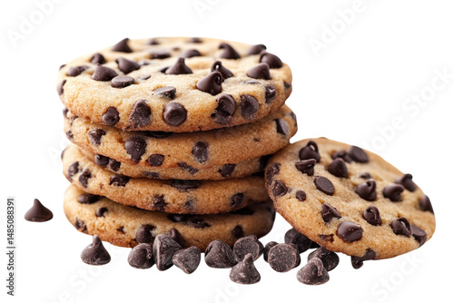 Chocolate chip cookies stack, baked cookie biscuits with dark chocolate morsels, sweet dessert snack PNG isolated on Transparent Background
