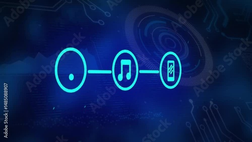 Digital audio flow being animated on blue interface with bars linking three glowing cyan icons