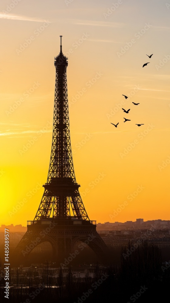 Naklejka premium Eiffel tower silhouette at sunset with birds flying over paris