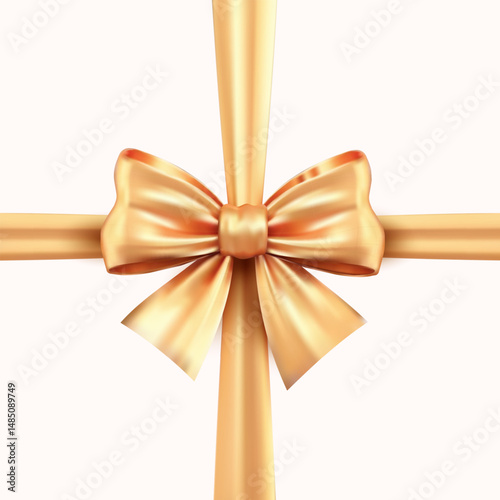 Decorative 3d realistic golden bow with horizontal and vertical gold ribbon. Christmas yellow bow. Vector illustration beautiful golden bow on white background.