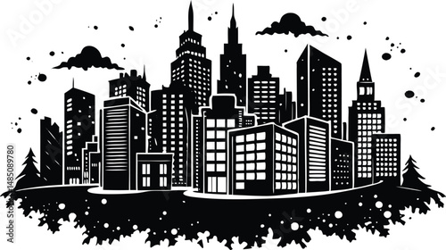 Cityscape silhouette, urban skyline with skyscrapers and buildings, minimalist vector city background illustration