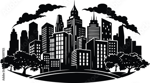 Cityscape silhouette, urban skyline with skyscrapers and buildings, minimalist vector city background illustration
