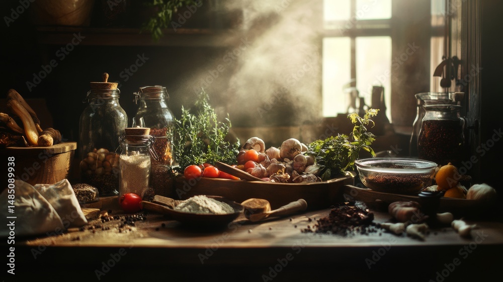 Fototapeta premium Rustic kitchen with spices and herbs illuminated by morning light for cooking concept food preparation lifestyle atmosphere