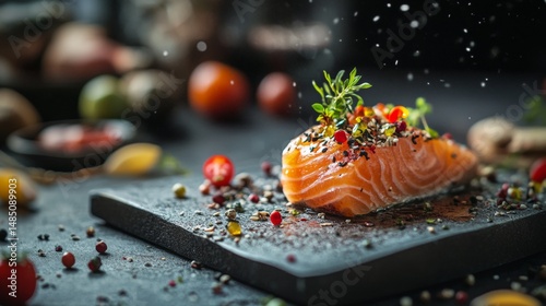 Fototapeta Naklejka Na Ścianę i Meble -  Gourmet salmon sashimi with herbs and spices on slate for elegant food styling culinary dark dramatic presentation