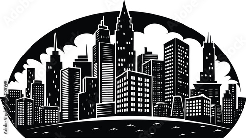 Cityscape silhouette, urban skyline with skyscrapers and buildings, minimalist vector city background illustration