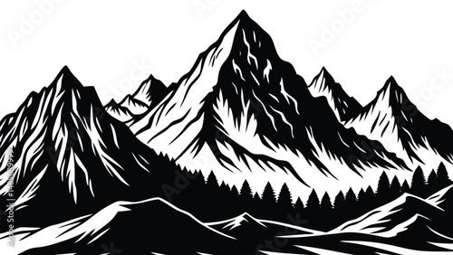 Mountain range landscape silhouette, layered peaks and hills, minimalist vector nature background illustration