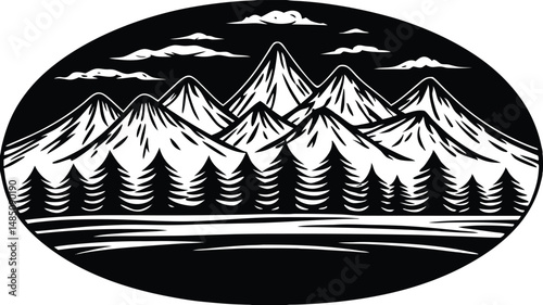 Mountain range landscape silhouette, layered peaks and hills, minimalist vector nature background illustration
