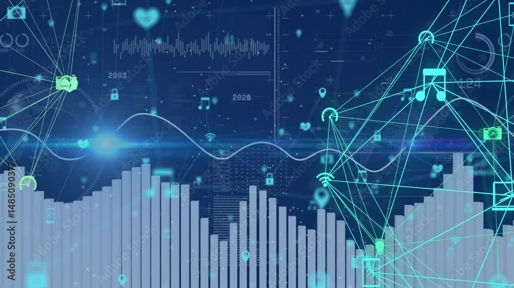 Central data signal moving along glowing sine wave, weaving through bar ...