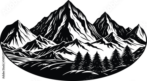 Mountain range landscape silhouette, layered peaks and hills, minimalist vector nature background illustration