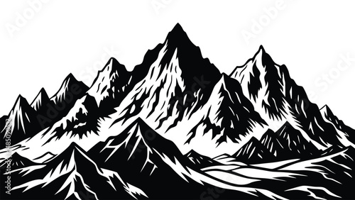 Mountain range landscape silhouette, layered peaks and hills, minimalist vector nature background illustration