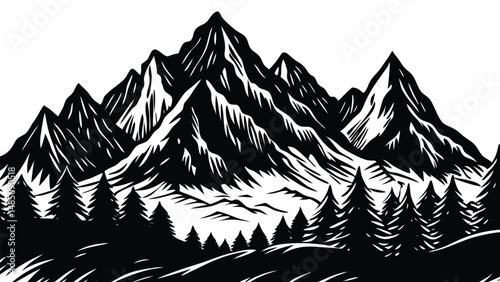 Mountain range landscape silhouette, layered peaks and hills, minimalist vector nature background illustration