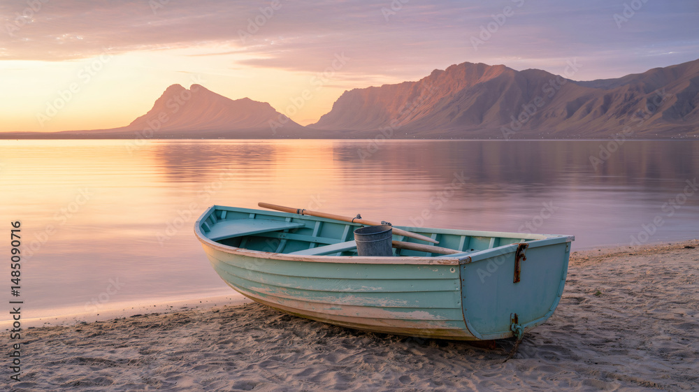 Pastel shorelines at sunset with ethereal mountain views creating a tranquil scene Pastel shorelines at sunset with ethereal mountain views creating a tranquil scene