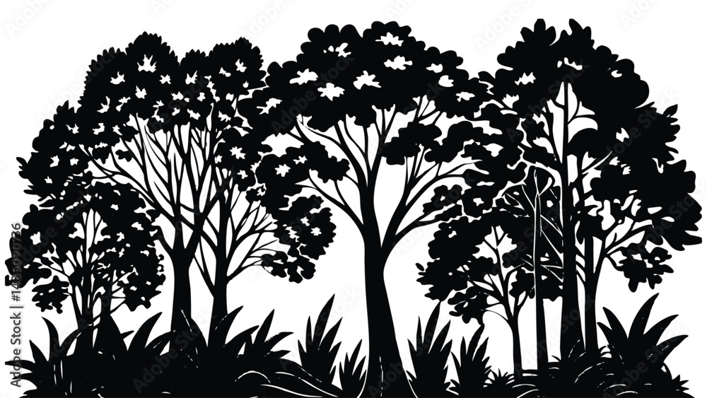 Obraz premium Forest landscape silhouette, minimalist vector nature background illustration