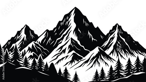 Mountain range landscape silhouette, layered peaks and hills, minimalist vector nature background illustration