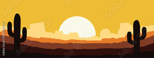 Sunset desert canyon landscape terrain. Cartoon flat design background vector illustration. Design for banner or social media template.