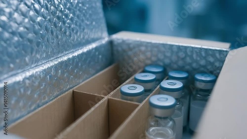 Vaccine vials packed in protective box with secure packaging at production facility for safe medical transport and storage ensuring quality