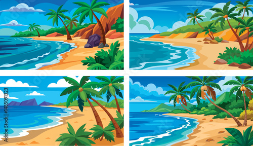 Tropical beach landscape set, summer vacation seaside banner with sea, sand, and palm trees, vector illustration for travel design and background