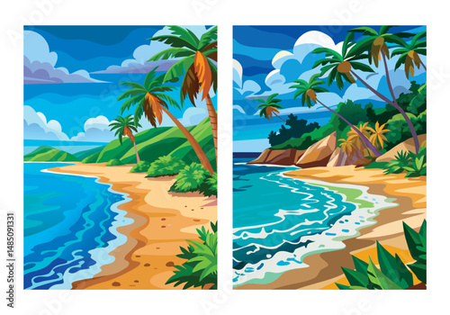 Tropical beach landscape set, summer vacation seaside banner with sea, sand, and palm trees, vector illustration for travel design and background