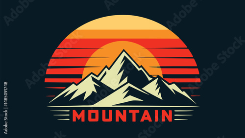 Vintage mountain landscape with sunset silhouette, retro poster design template, outdoor adventure scene, vector illustration