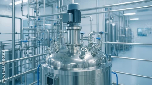 Vaccine production facility with stainless steel industrial equipment and pipes clean environment ensuring safe and efficient pharmaceutical
