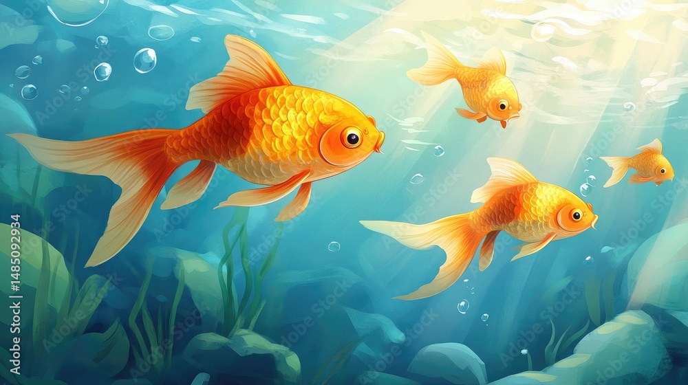 Naklejka premium Playful illustration of goldfish swimming gracefully in a vibrant underwater aquatic scene