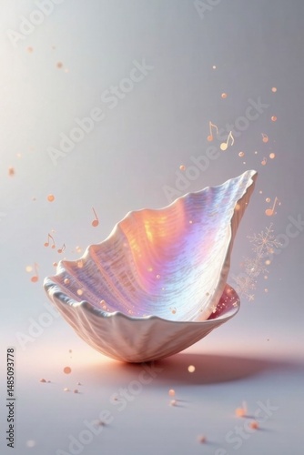 A shimmering seashell, iridescent and glowing, rests gently, musical notes and sparkling particles swirling around it, a dreamy, peaceful scene.