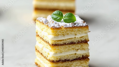 Delicious Layered Pastry Dessert with Cream, Powdered Sugar, and Basil Garnish for Sweet Treat