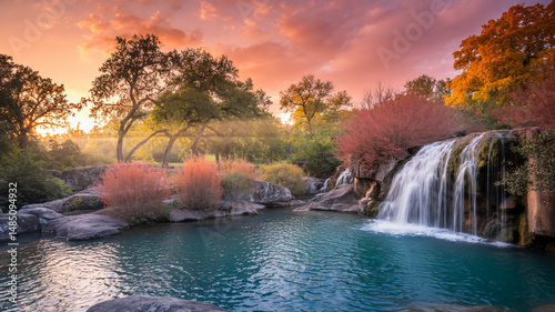 Picturesque Sunset Landscape with Waterfall Glowing Silhouetted Trees Under a Vibrant Orange-Pink Sk