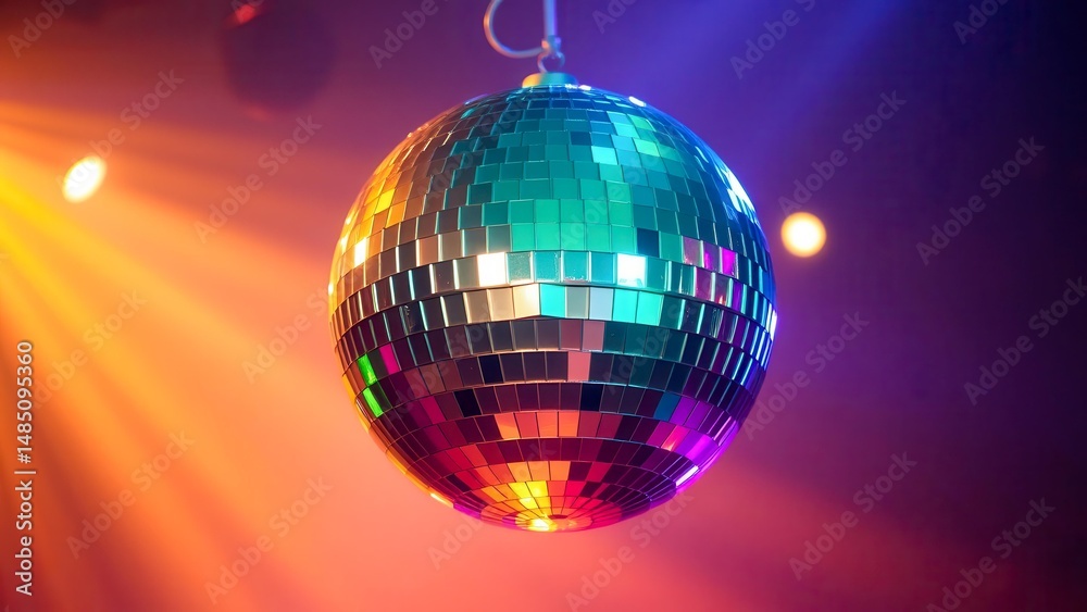 Obraz premium The glittering disco ball reflects light, creating bright beams. Ideal decoration for parties, dance floors and clubs. An atmospheric element of nightlife and entertainment.