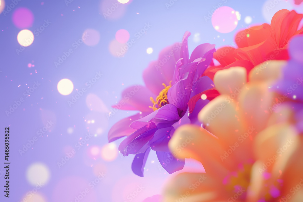 Fototapeta premium Vibrant cluster of zinnia flowers in various colors, creating cheerful and lively atmosphere with soft bokeh background