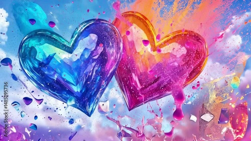 Two vibrant crystalline hearts in explosive colors against a bright sky background. The 14th of February. Happy Valentine's Day