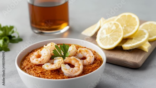 Bowl of Shrimp Topped Couscous with Lemon Slices, Parsley Garnish, and Refreshing Drink in Seafood Delight