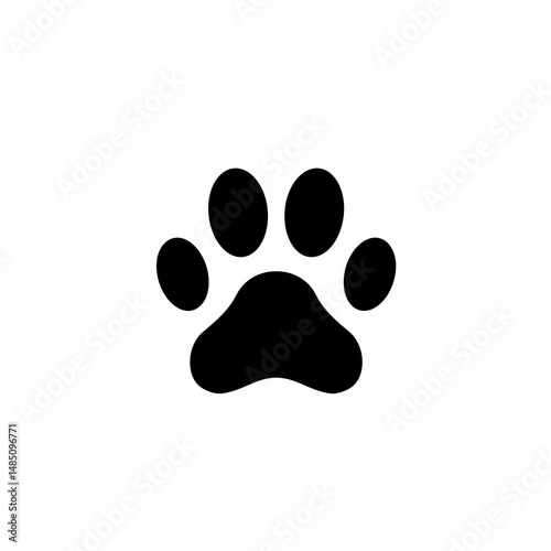 A simple yet iconic black paw print silhouette, featuring four distinct toe pads and a larger metacarpal pad, isolated on a clean white background.