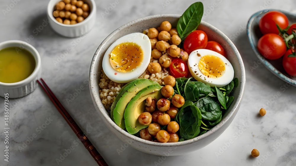 Healthy Buddha Bowl with Egg, Avocado, Spinach and Cherry Tomatoes Healthy Buddha Bowl with Egg, Avocado, Spinach and Cherry Tomatoes