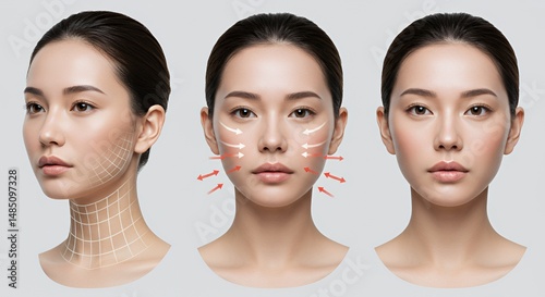 Asian Woman Demonstrating Cosmetic Procedure with Before and After Result With Dotted Lines and Red Arrows in a Skincare and Beauty Context