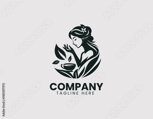 Elegant Woman Carefully Selecting Tea Leaves Vector Logo Design, Graceful Woman Picking Tea Leaves Vector Logo, Refined Woman Delicately Choosing Tea Leaves Illustration Logo