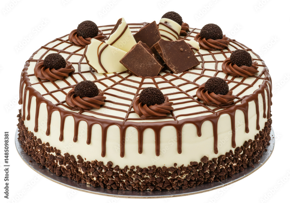 チョコレートの滴る白いケーキ トリュフ正方形と巻き毛 チョコレートスプリンクルを背景にした透明な背景 チョコレートの滴る白いケーキ トリュフ正方形と巻き毛 チョコレートスプリンクルを背景にした透明な背景